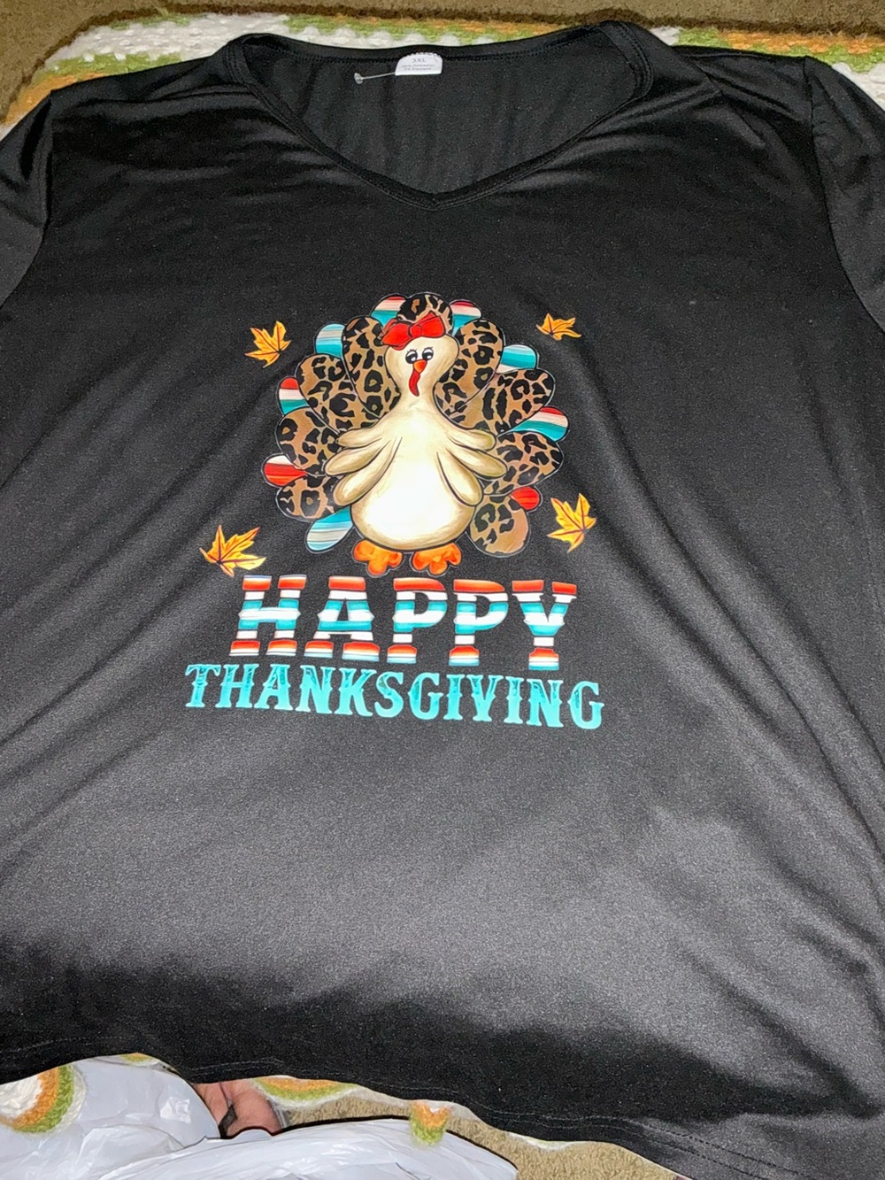 Happy Thanksgiving Black Turkey Tee with Teal Accents